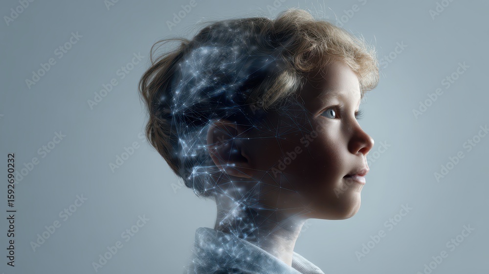 Poster child's profile with digital neural network overlay symbolizing learning and growth