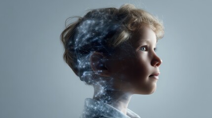 Child's profile with digital neural network overlay symbolizing learning and growth