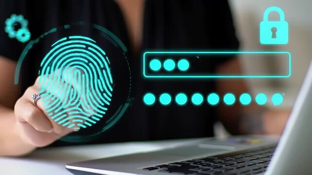 Woman's hand touches laptop screen with fingerprint scan, lock icon, & password fill, emphasizing data security & computer protection - Powered by Adobe