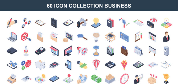 60 Set Isometric Business Icons Collection Finance, Marketing, and Technology Symbols. Vector illustration