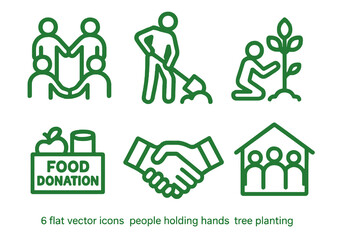 Mandela Day community icon set: volunteering, tree planting, food donation, handshake, shelter. Flat green vector icons for mobile.