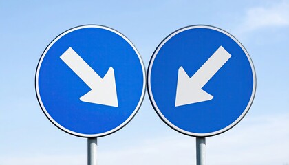 Two blue road signs with white arrows pointing left