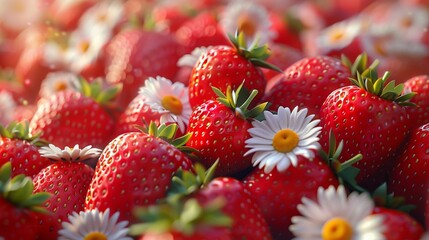 Bright red strawberries with chamomiles pile image closeup. Delicious aromatic berries and field flowers close-up photography. Enjoying summer snacks concept photo realistic