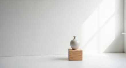 Ceramic vase on wooden block bathed in natural light against a white wall