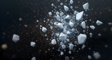 Abstract digital art featuring floating geometric shards in a dark space with glowing particles. A sense of fragmentation and ethereal beauty is conveyed.