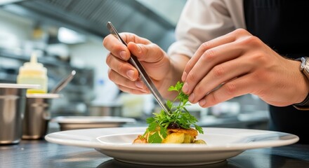 Chef meticulously garnishing a gourmet dish with fresh parsley using tweezers in a professional kitchen