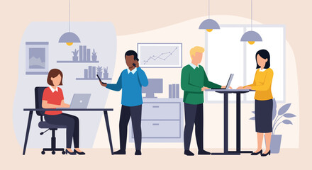 Diverse team collaborating in a modern office, ideal for business presentations and website banners.