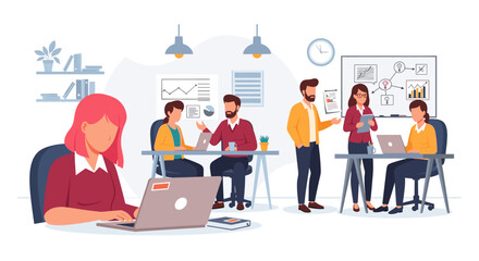 Diverse team collaborating in a modern office, perfect for illustrating teamwork and brainstorming concepts.