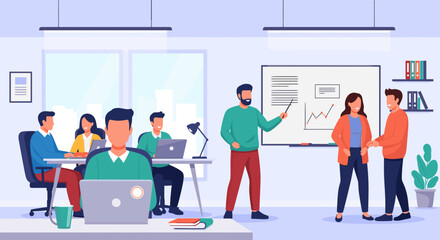 Teamwork in a modern office setting. Ideal for website banners, presentations, and marketing materials.