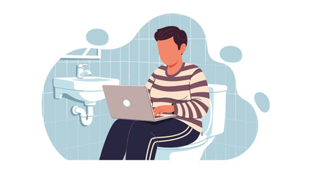 Person working on laptop while sitting on toilet in bathroom - illustration for articles about work-life balance or remote work.