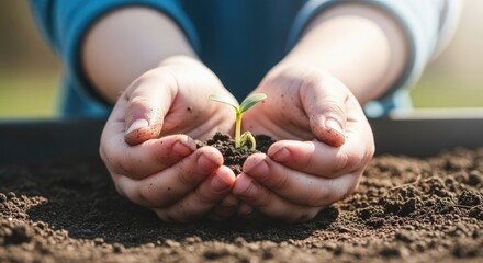 Child's Hands Holding a Tiny Sprout in the Soil