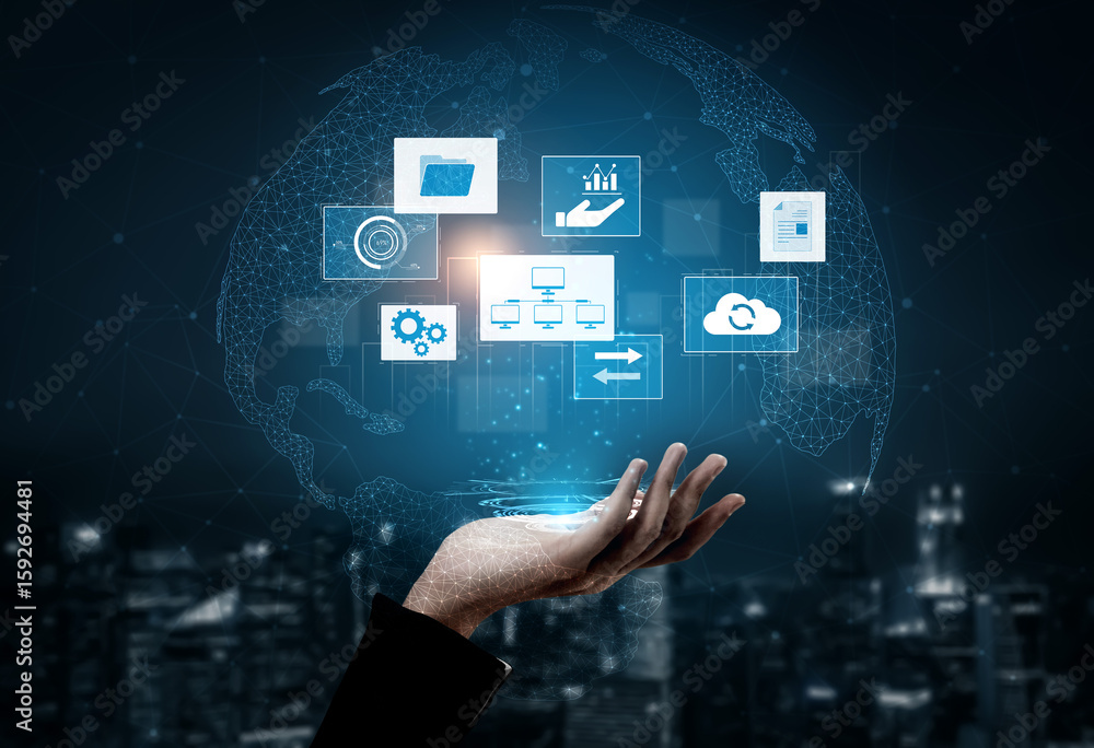 Poster digital business infrastructure with data system, analytics, sync. system management improves access