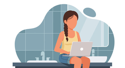 Woman working on laptop in modern bathroom, perfect for website banners or blog posts on work-life balance.