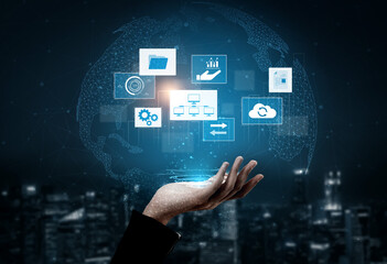 Digital business infrastructure with data system, analytics, sync. System management improves access, system management ensures performance, and system management supports digital operations. Vouch