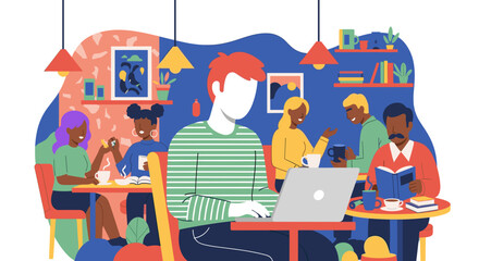 Diverse group of people socializing and working in a vibrant cafe, perfect for illustrating community, collaboration, or modern workspaces.