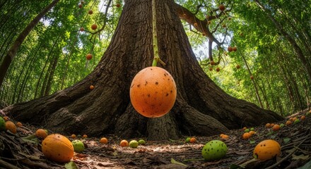 Cannonball Tree's Giant Fruit Display: Hanging and Fallen Spheres in Lush Forest