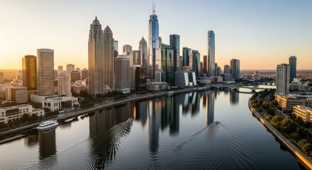 Chicago Skyline Reflecting in Calm River Water at Golden Hour, Boats Cruising