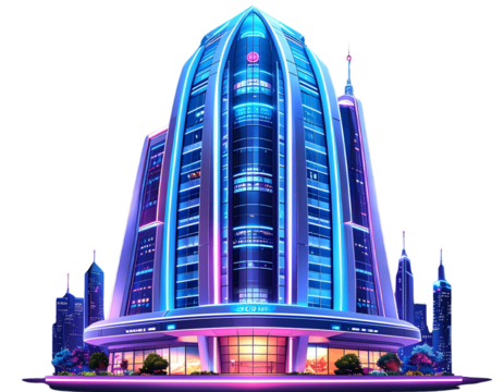 futuristic high-rise building with neon lights, transparent background