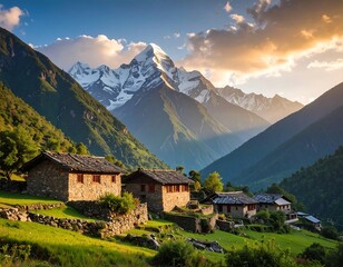 Obraz premium Mountain village at sunset