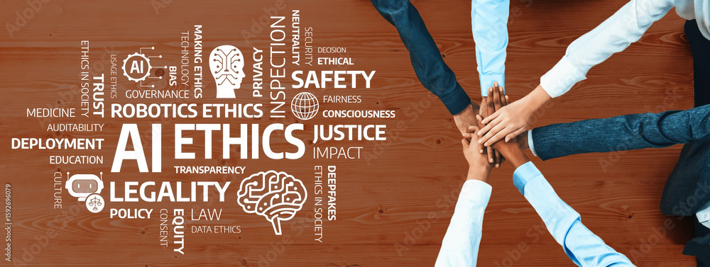 Poster a powerful image showcasing hands uniting over keywords related to ethics in artificial intelligence