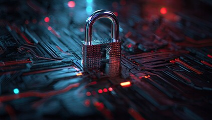 Digital security concept, a metallic padlock on a circuit board