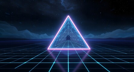 Abstract digital art with a glowing pink triangular frame neon grid landscape under a starry night sky. The image exudes a futuristic aesthetic and vibrant visual interest.