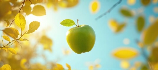 A ripe apple falls from a tree against the backdrop of blue sky, sunlight, yellow leaves and clean autumn air. The bountiful harvest, fading summer, and autumn mood.
