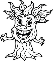 Whimsical talking tree with friendly face coloring page for kids