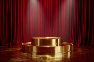 Gold podium on red velvet stage with spotlights image