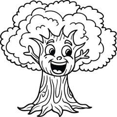 Friendly talking tree with face for coloring fun