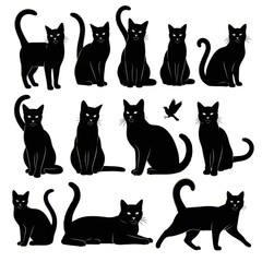 Twelve stylized black cat silhouettes elegant, minimalist design, versatile graphic elements, perfect for Halloween, pet-related projects, or decorative purposes