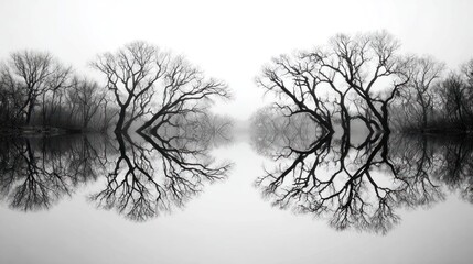 Symmetrical trees reflected in a still body of water