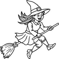 Whimsical witch flying on a broomstick for coloring pages