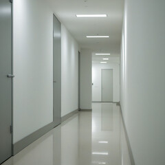 Fototapeta premium Minimalist office corridor with gray doors, handrails & fluorescent lights