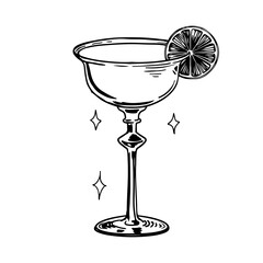 Hand Drawn Vintage Cocktail Glass with Lemon Slice Elegant Black and White Line Art Illustration of Classic Drinkware for Party Bar Menu Mixology and Retro Beverage Design