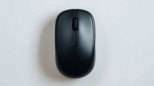 Black computer mouse with scroll wheel on white background technology input device