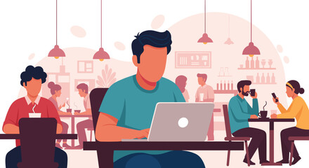 People working and relaxing at a cafe, perfect for illustrating a blog post about remote work or co-working spaces.