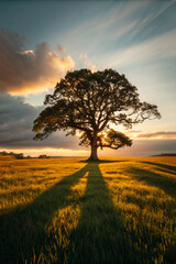 Fototapeta premium Lone Oak Tree with Long Shadow at Sunset – Serene Golden Field Landscape