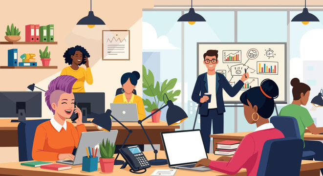 Diverse team collaborating in a modern office, perfect for website banners or brochures.