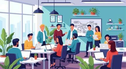 Diverse team collaborating in a modern office, ideal for presentations on teamwork and innovation.