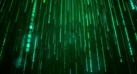 Abstract illustration of green glowing lines, resembling falling rain or digital data streams against a dark backdrop. The scene creates a sense of depth and movement with light reflections.