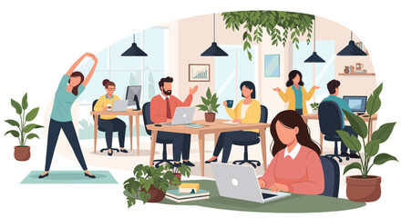 Modern office workers collaborating and enjoying a healthy work-life balance. Ideal for company websites, brochures, or presentations.