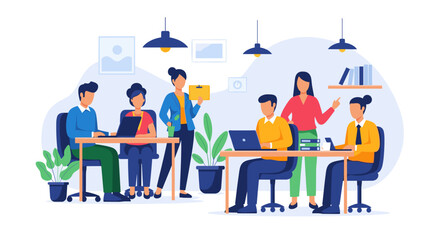 Diverse team collaborating in a modern office, ideal for website landing pages or business brochures.