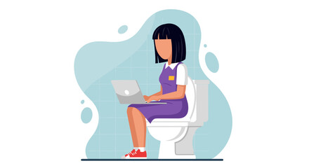 Woman working on laptop while sitting on toilet -  illustration for blog, social media, or website.