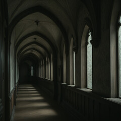 Fototapeta premium Gothic stone corridor with pointed arches, vaulted ceiling & light