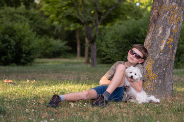 A boy sits under a tree with his Maltipoo puppy. A boy walks with a beautiful white Maltipoo puppy