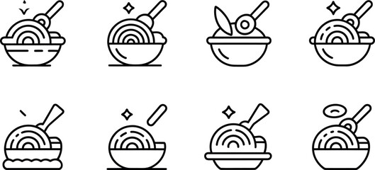 Vector illustration: Delicious noodle bowl icons, line style, appetizing mood