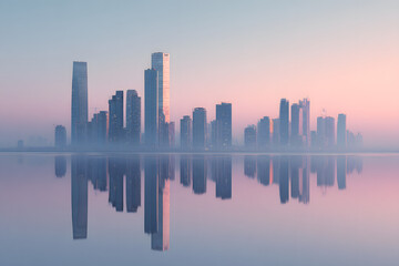 Modern Reflective Skyscrapers in Corporate Business District at Sunset Futuristic Glass Architecture with Urban Skyline Reflections