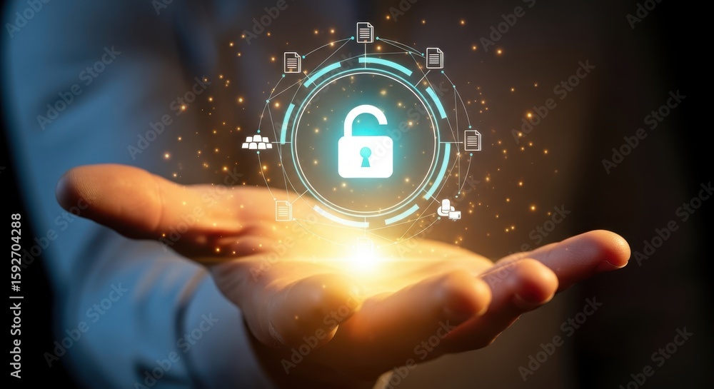 Aufkleber photo of a person holds an open palm displaying a glowing digital shield icon with an unlocked padlo