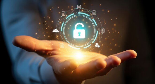 Photo of a person holds an open palm displaying a glowing digital shield icon with an unlocked padlock, symbolizing data security and protection in a connected world